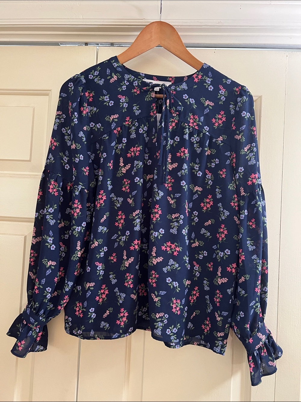 LOFT Navy Floral Tie-Front Long Sleeve Blouse